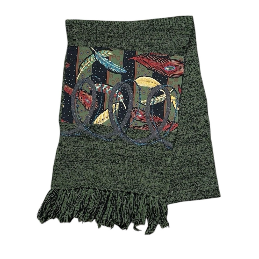 Koos Of Course Vintage Scarf Wrap 100% Silk Peacock Feathers Fringe